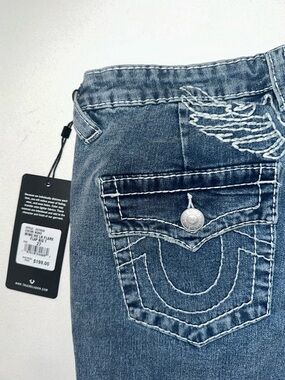 True Religion Mid Blue Flare Jeans with Signature Wing Stitch